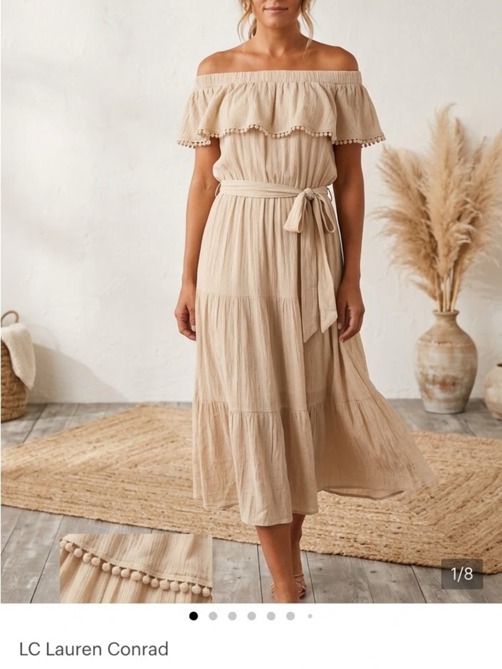 LC Lauren Conrad Beige off Shoulder Ruffle Midi Dress
